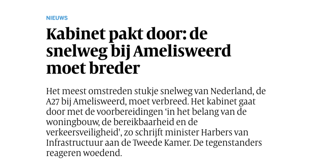 Kabinet zet verbreding bij Amelisweerd door